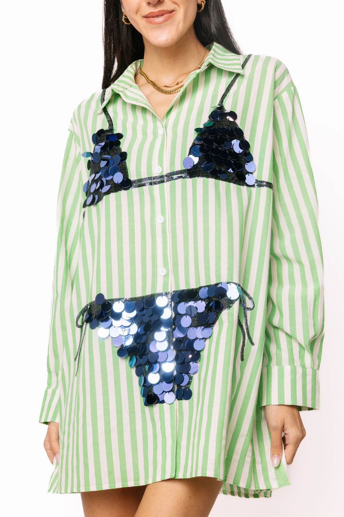 GREEN Striped Sequin Bikini Graphic Tunic image number 3