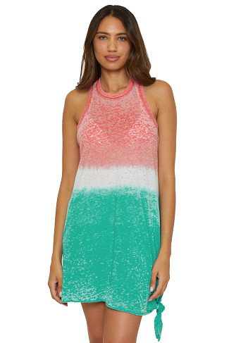 CORAL REEF/PEACOCK Tie Side High Neck Mini Dress