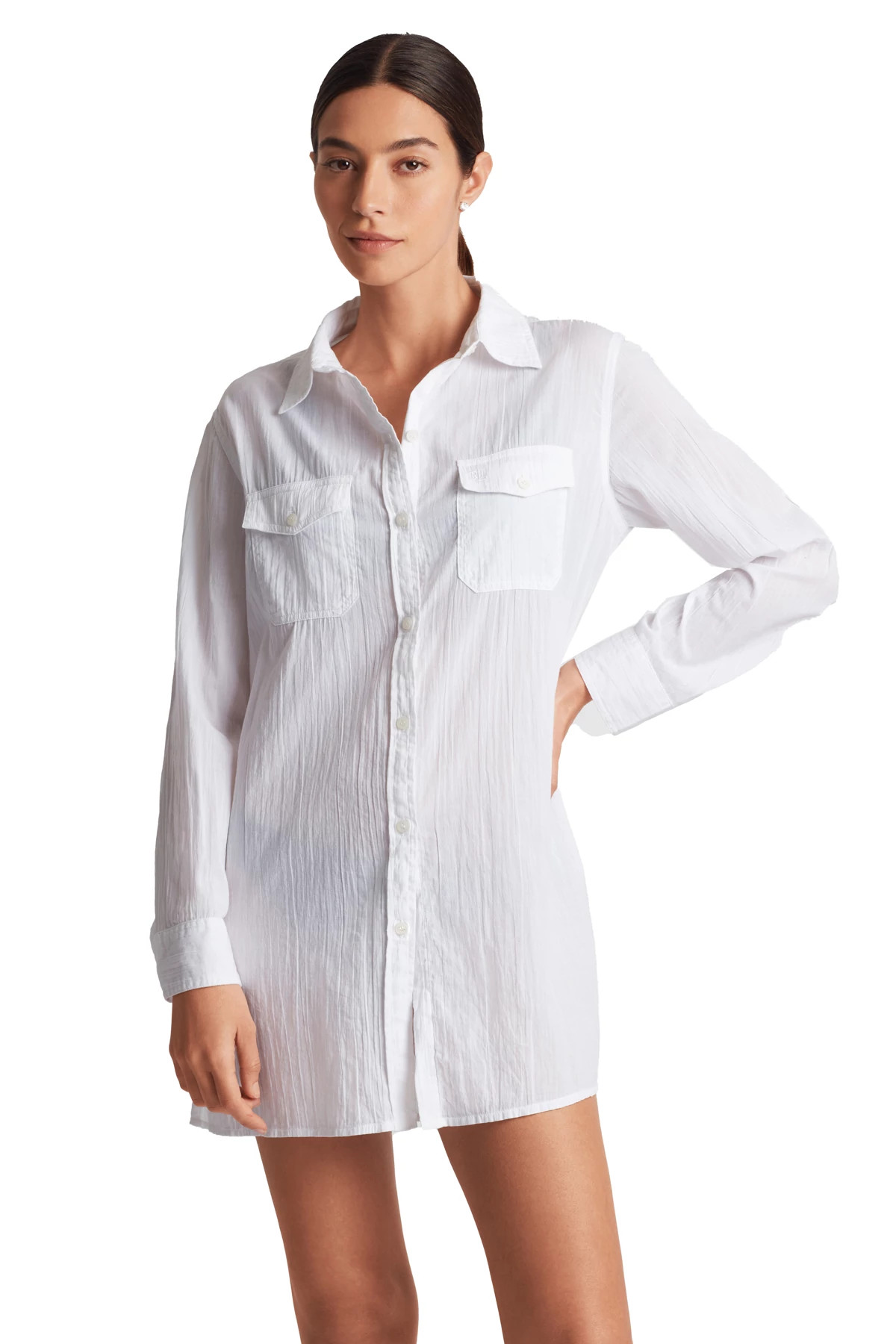 WHITE Button Down Cover Up Shirt Dress image number 1