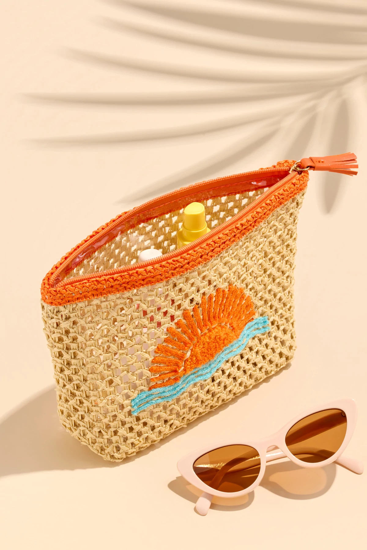 NATURAL Sunrise Open Weave Straw Zip Pouch image number 2