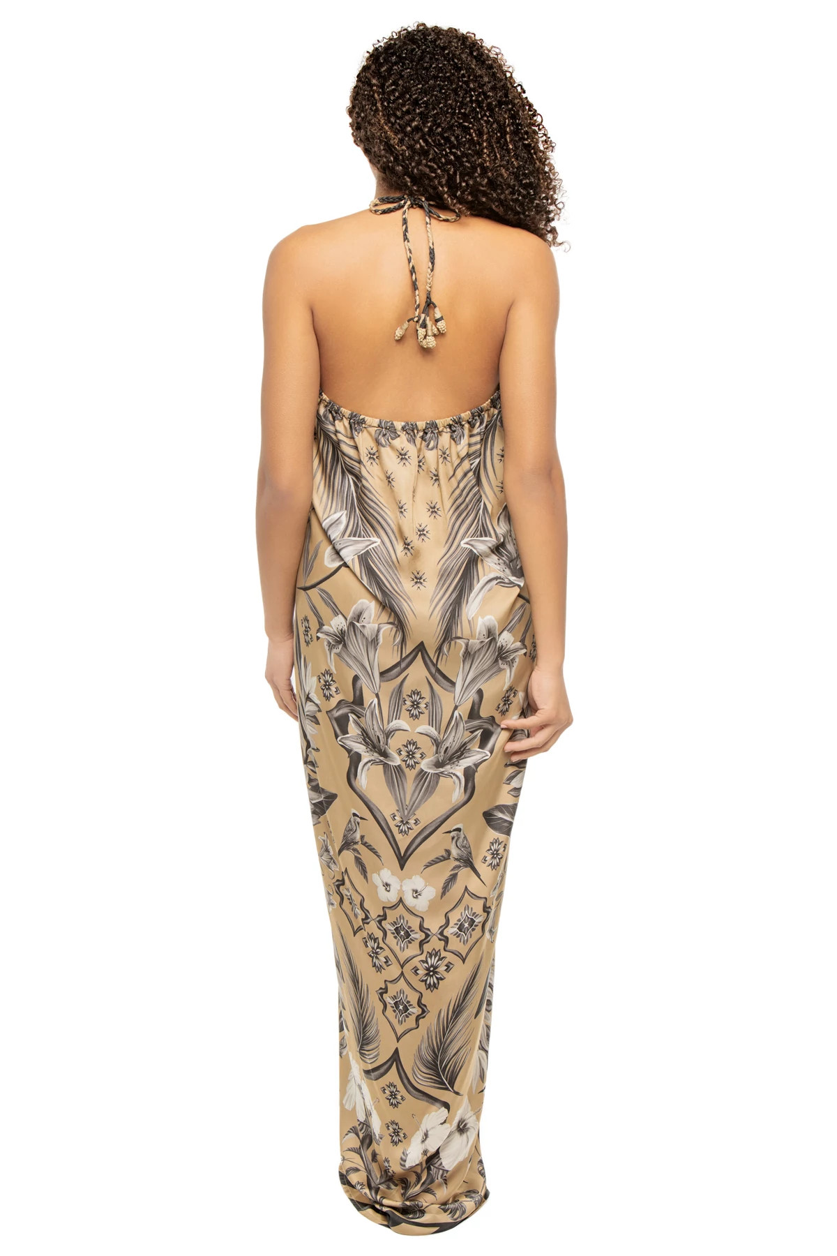 BEIGE AND CHARCOAL PALM AZULEJOS PALM Draped Maxi Dress image number 2