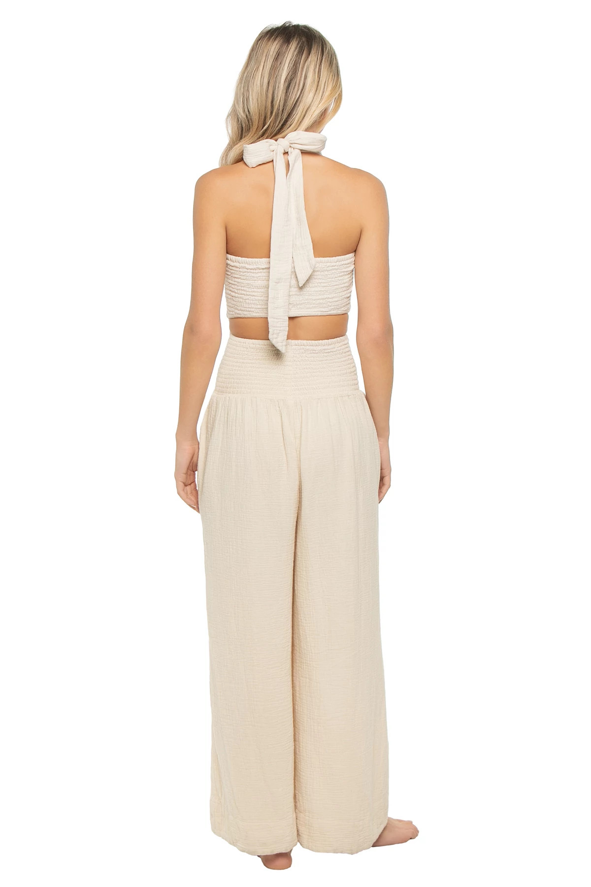 NATURAL Smocked Halter Wide Leg Jumpsuit image number 2