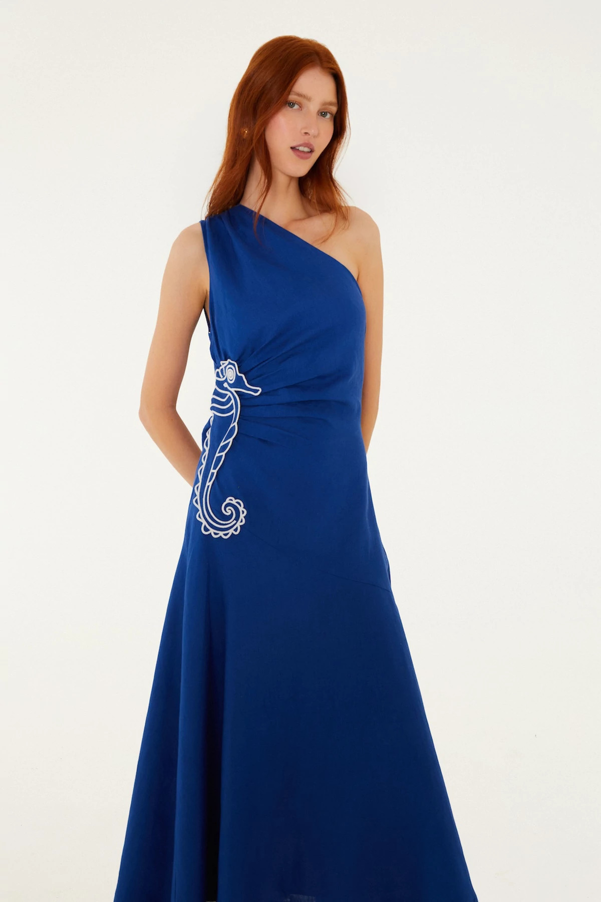 BLUE Linen One Shoulder Maxi Dress image number 4
