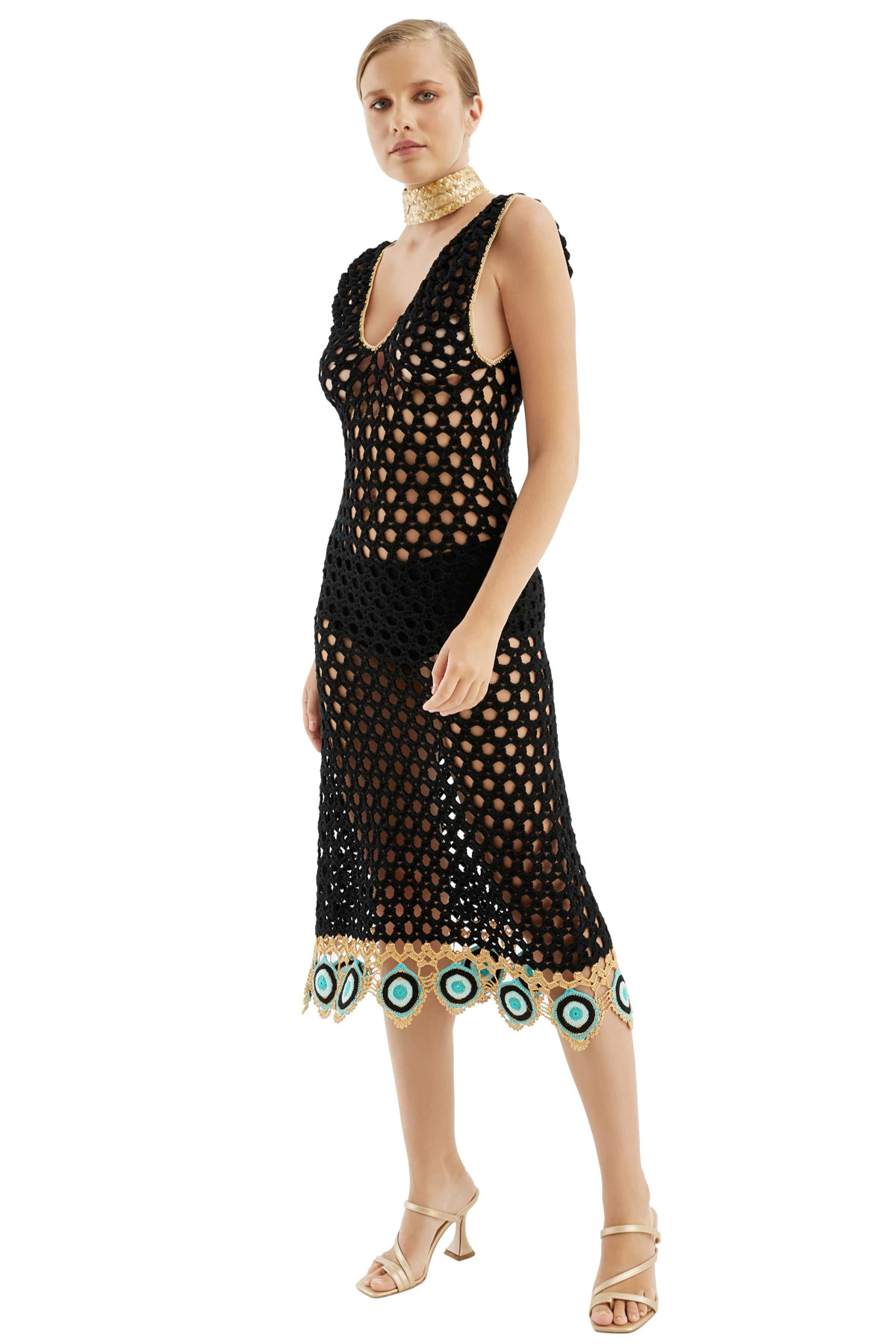 BLACK Crochet Midi Tank Dress image number 1