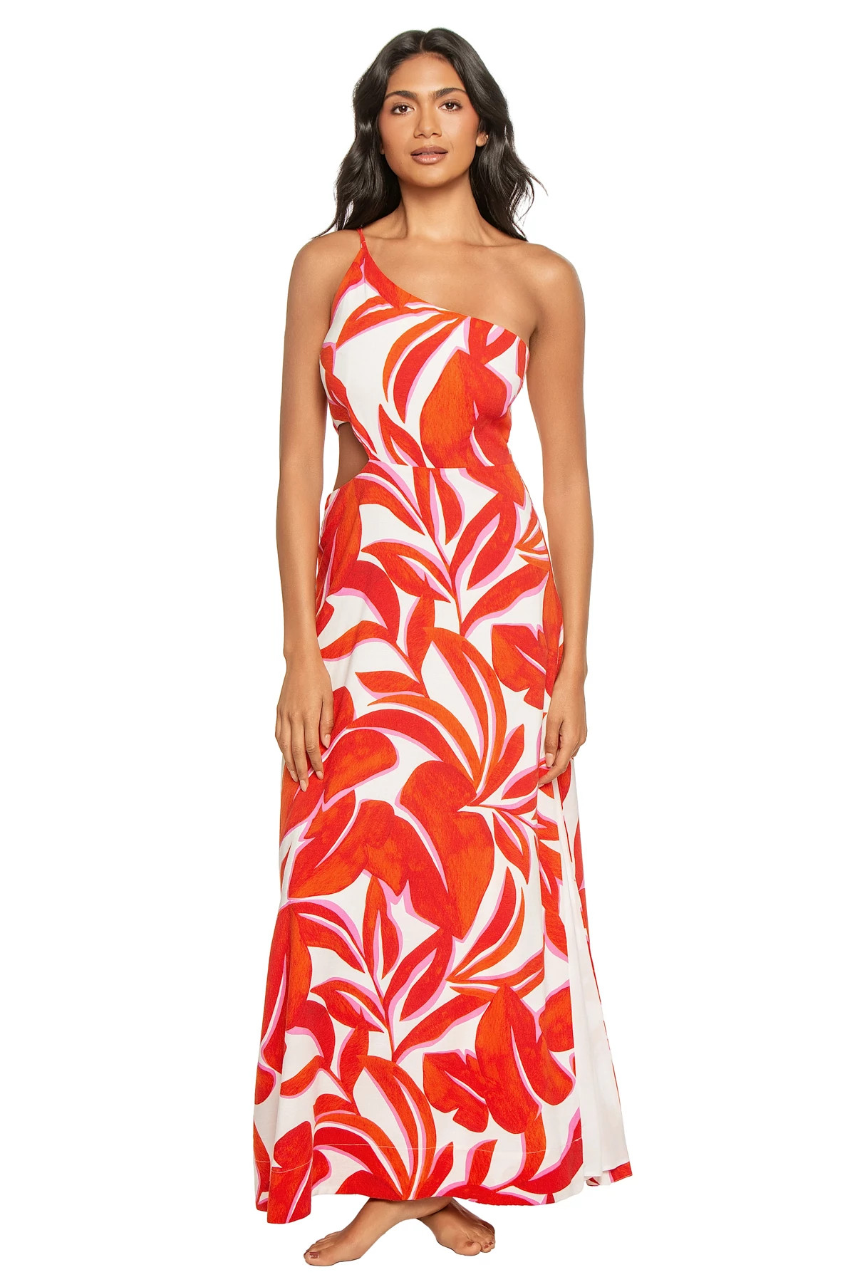RED/WHITE LEAF Ravelo One Shoulder Maxi Dress image number 1