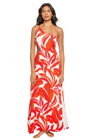 RED/WHITE LEAF Ravelo One Shoulder Maxi Dress