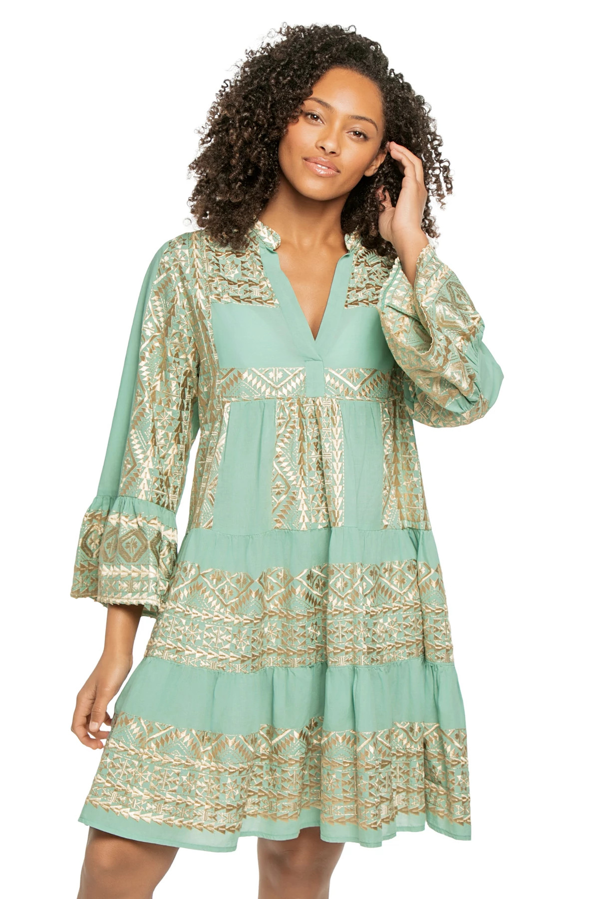 SEA GREEN GOLD Embroidered Metallic Linen Mini Dress image number 1