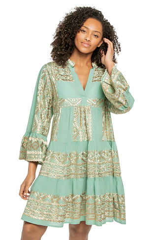 SEA GREEN GOLD Embroidered Metallic Linen Mini Dress