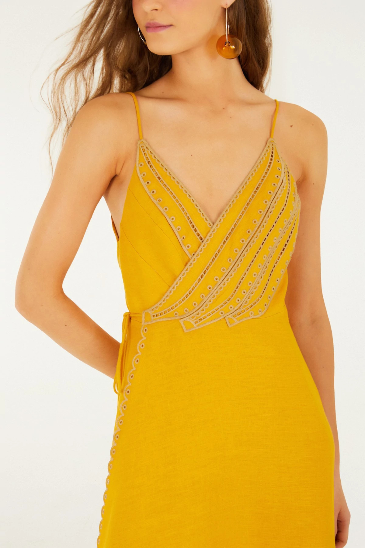 YELLOW Bananas Wrap Front Linen Midi Dress image number 4