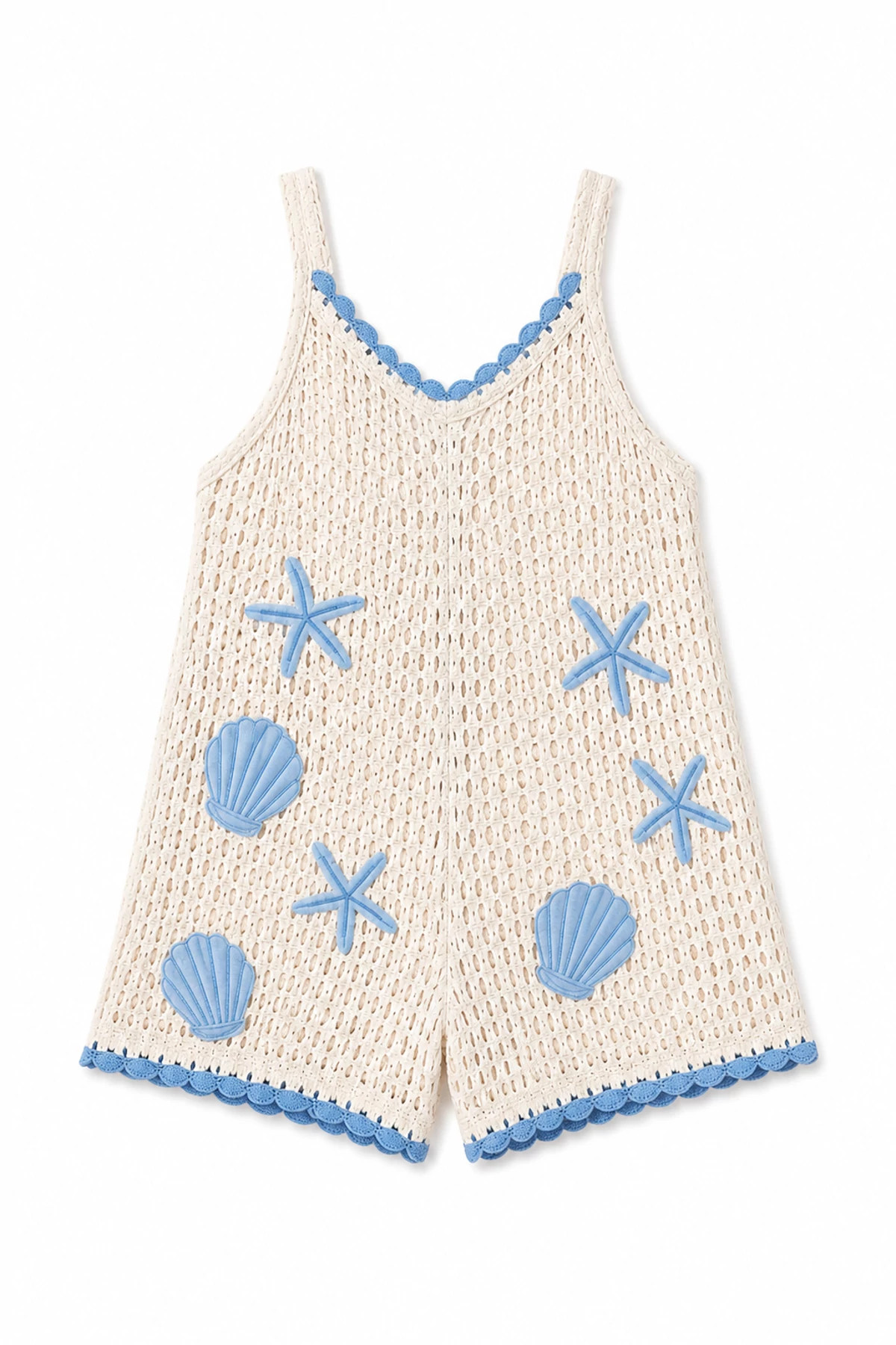 WHITE W/ TONAL BLUES Seashell Crochet Romper Cover Up image number 3