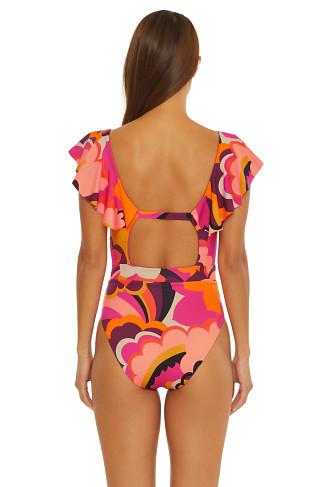 MULTI Fan Faire Ruffle Plunge One Piece Swimsuit