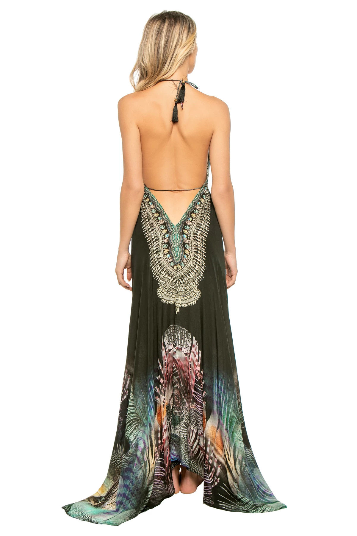 MIDNIGHT OASIS Border Print Hi-Low Halter Maxi Dress image number 2