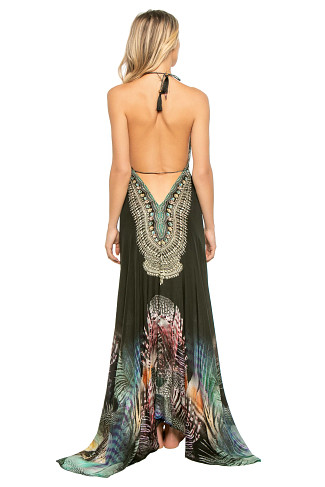 MIDNIGHT OASIS Border Print Hi-Low Halter Maxi Dress