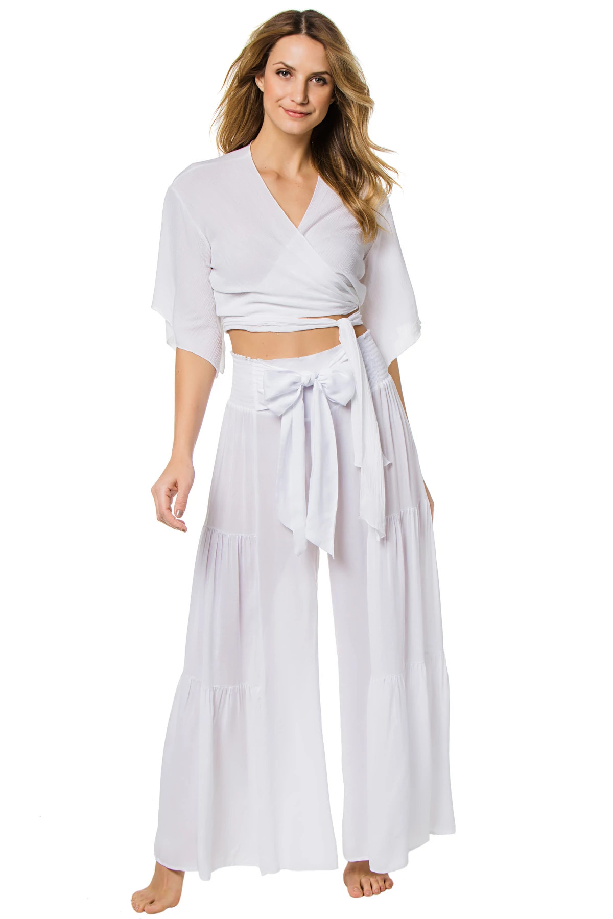 WHITE Wide Leg Bow Tie Pants image number 3