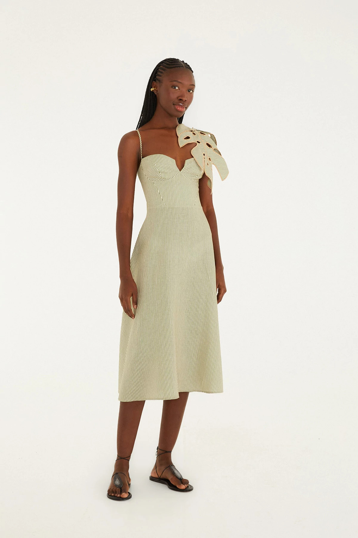 GREEN Monstera Linen Midi Dress image number 3