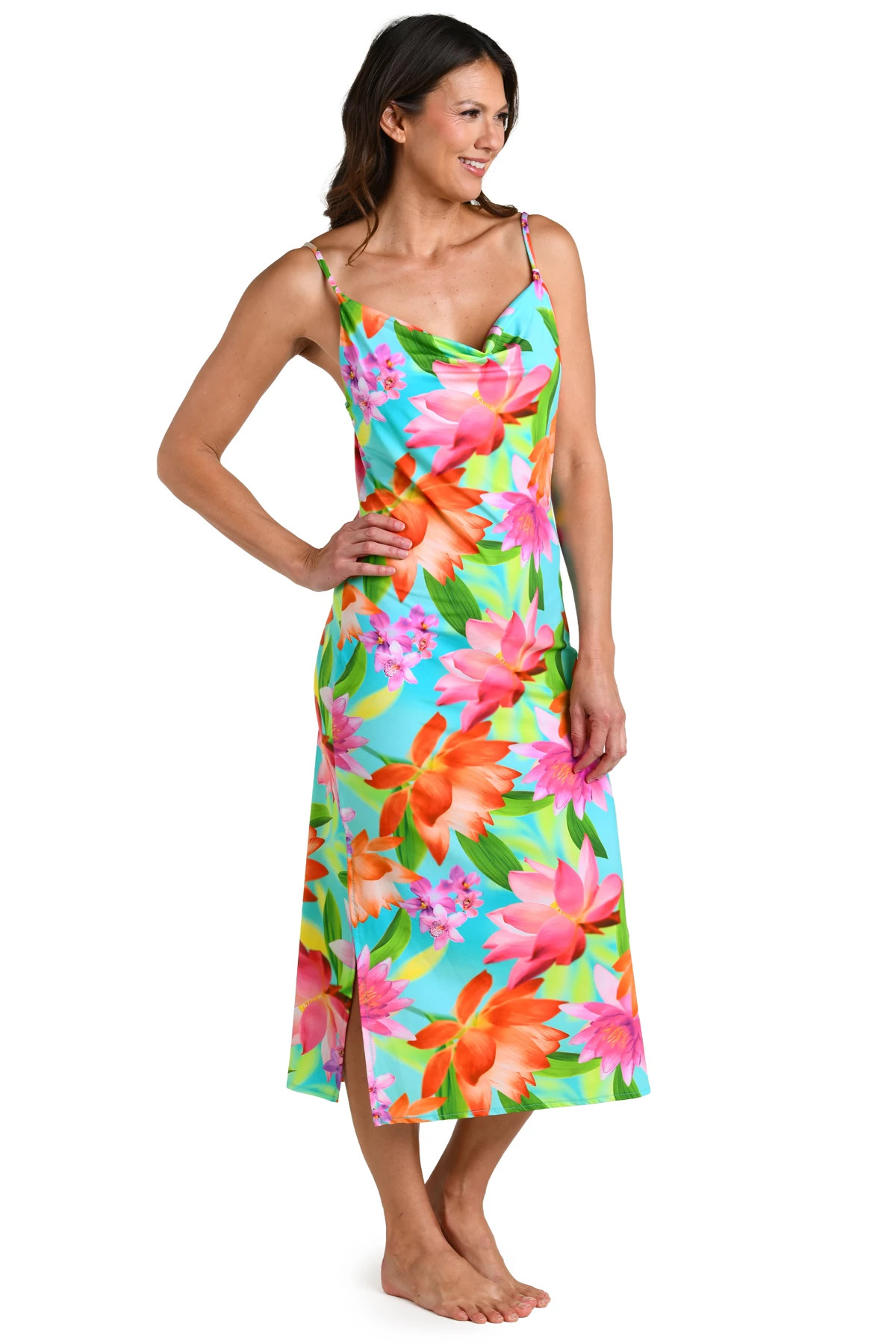MULTI Floral Cowl Neck Midi Dress image number 3