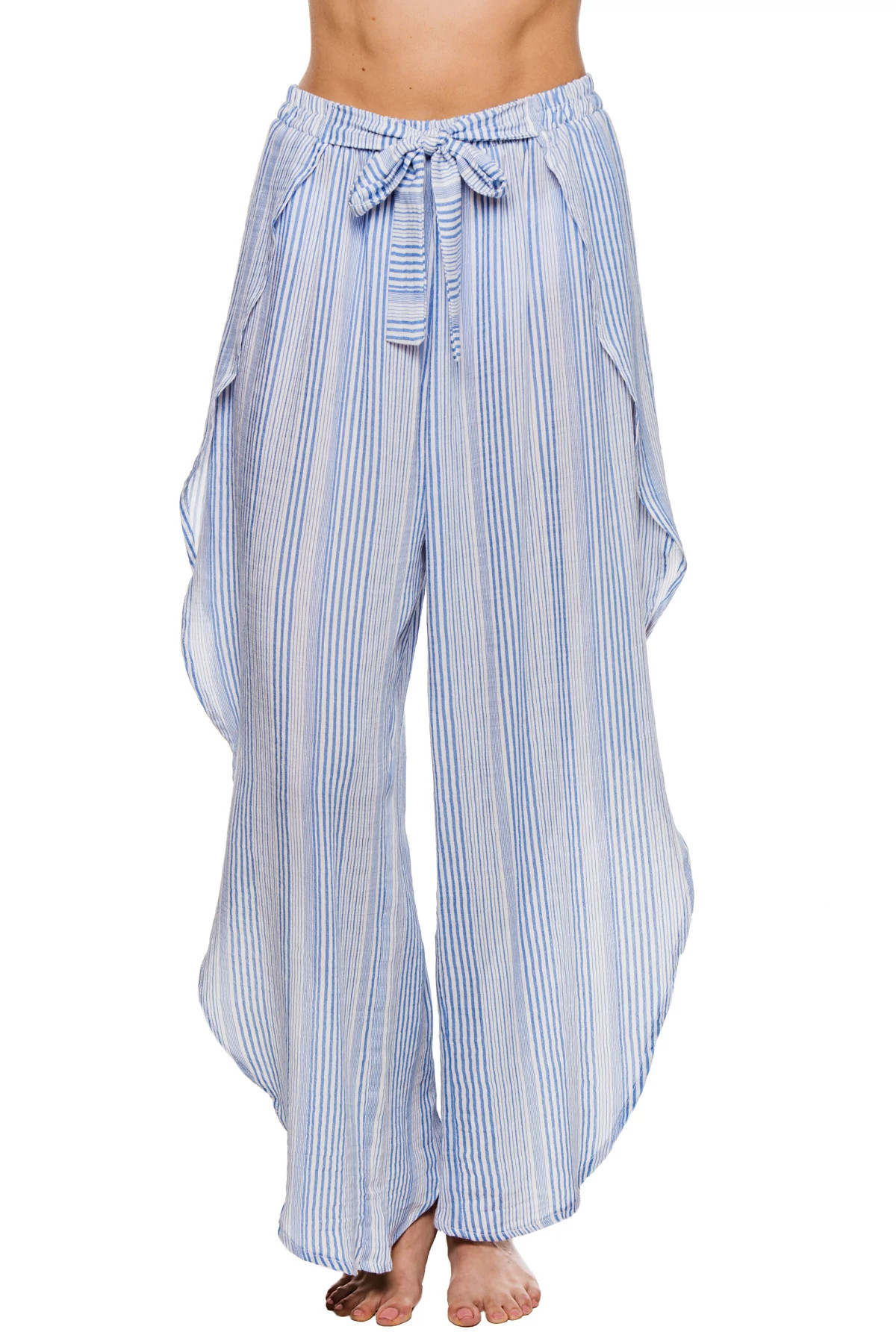 BLUE/WHITE Slit Side Tie Waist Pants image number 1