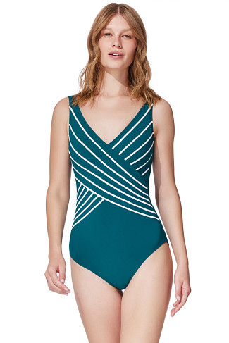 TEAL V-Neck Surplice One Piece Swimsuit