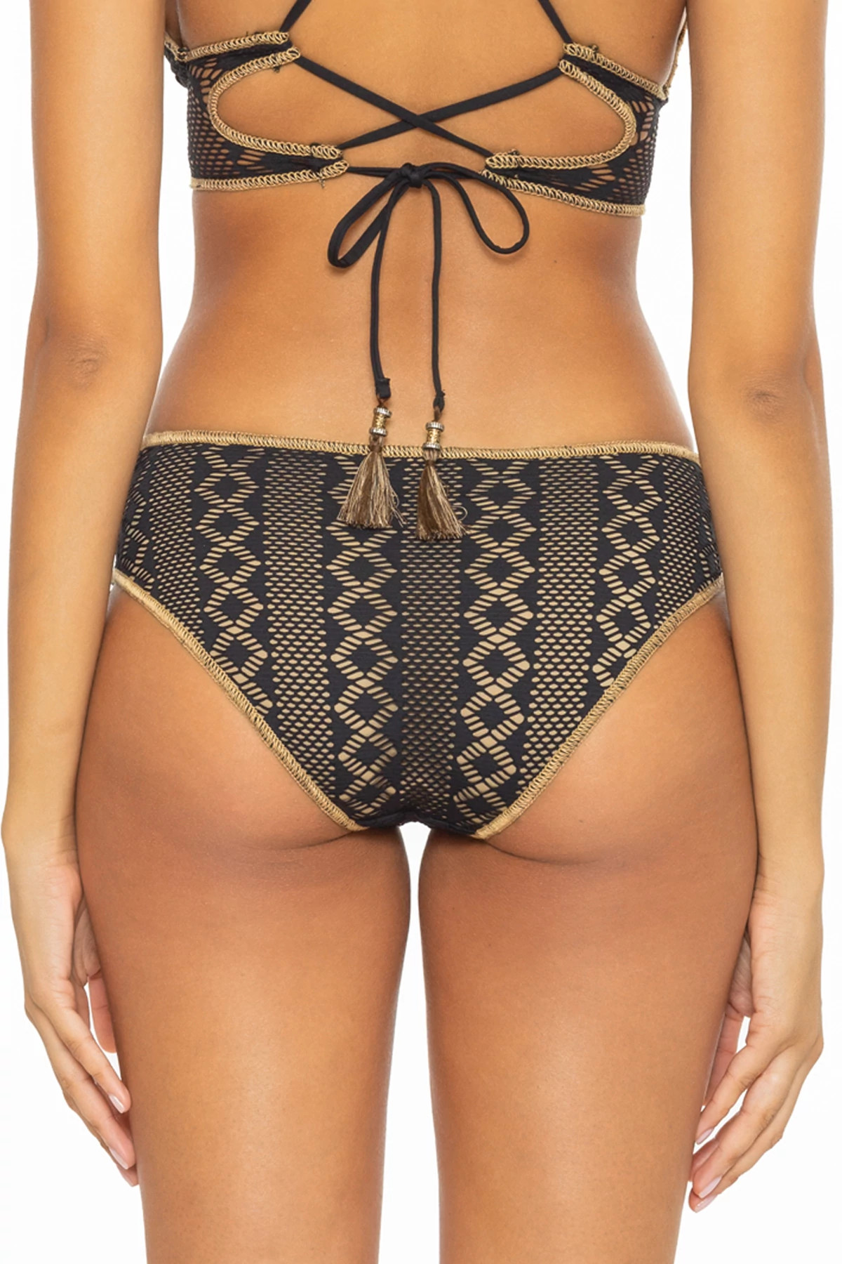BLACK/TAN Crochet Tie Side Hipster Bikini Bottom image number 2