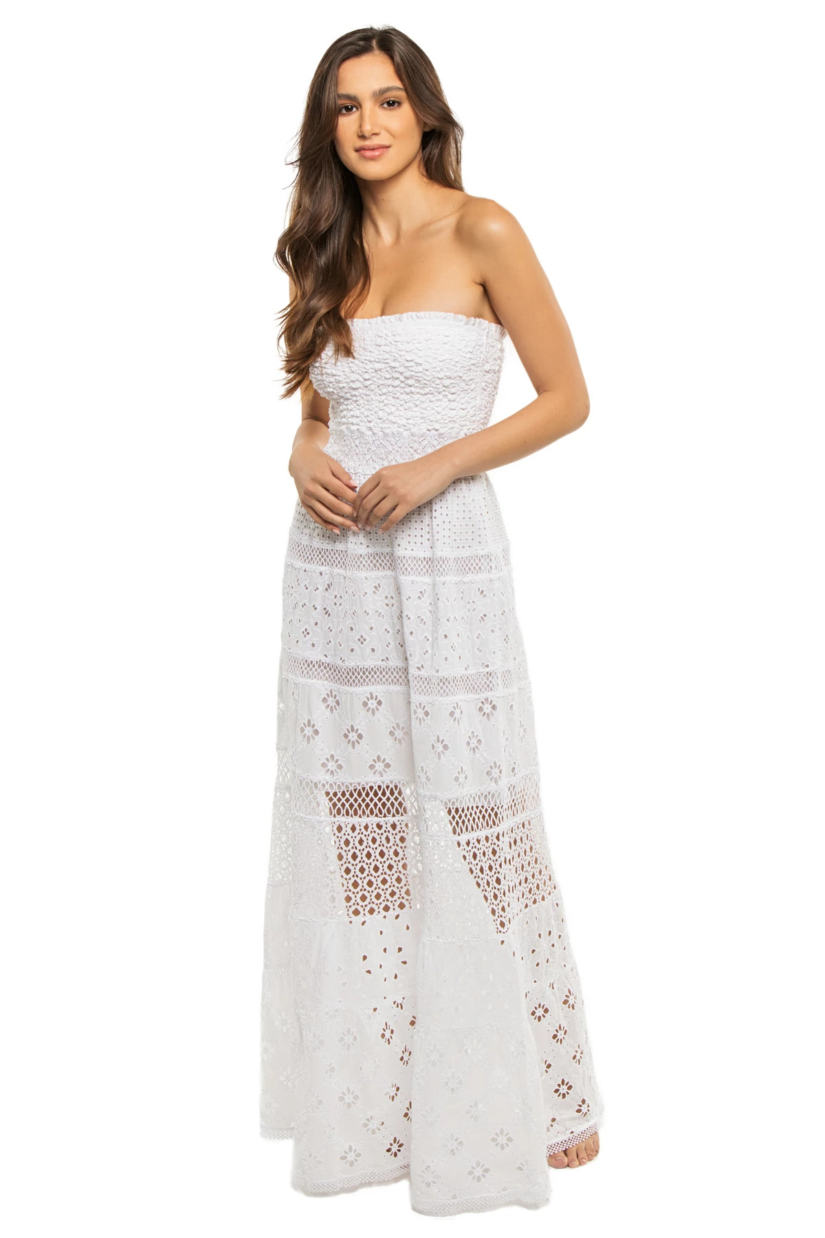 WHITE/WHITE Belem Embroidered Strapless Maxi Dress image number 1