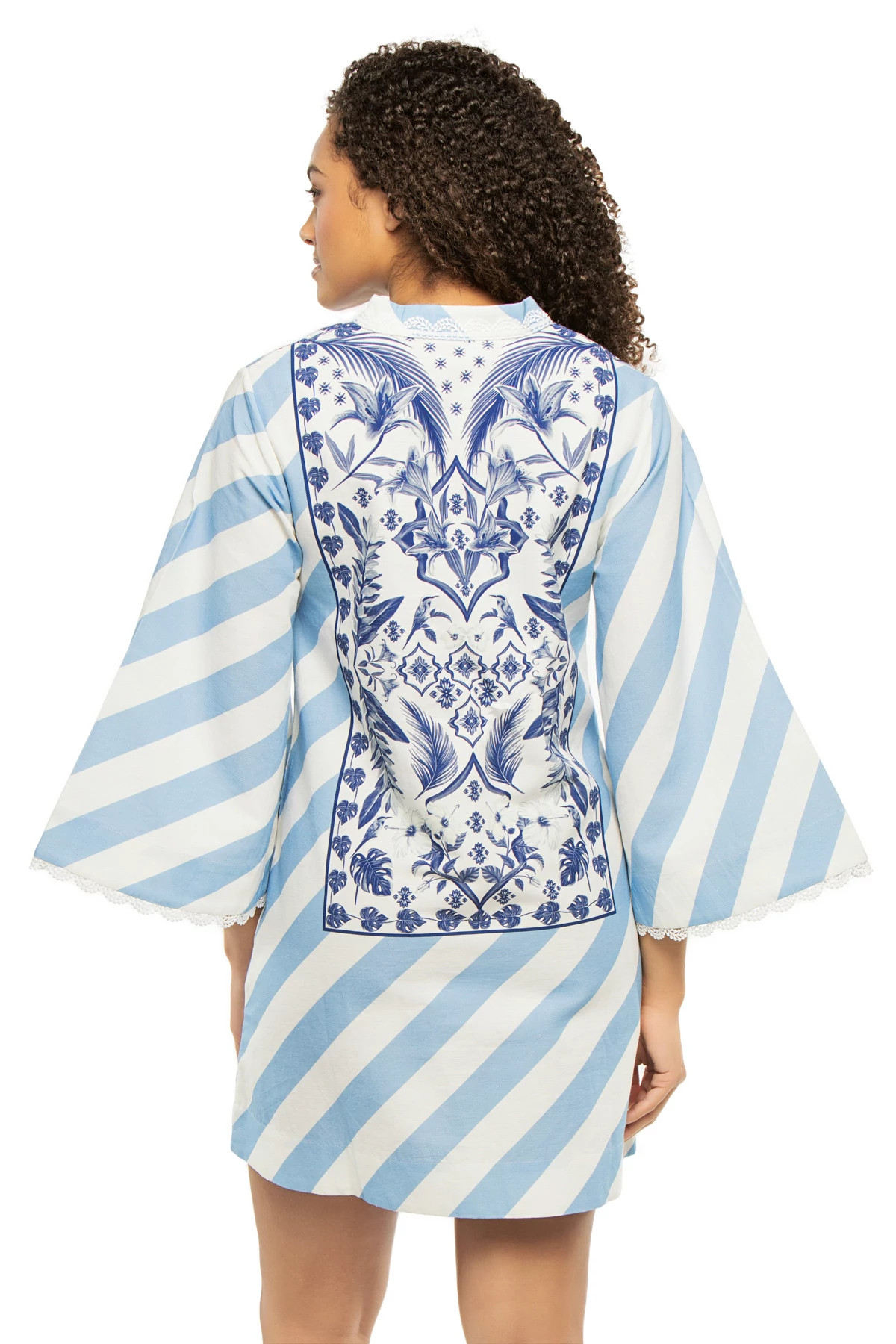 CORNFLOWER AND WHITE PALM AZULEJOS PANEL Anj Mini Kaftan Dress image number 2