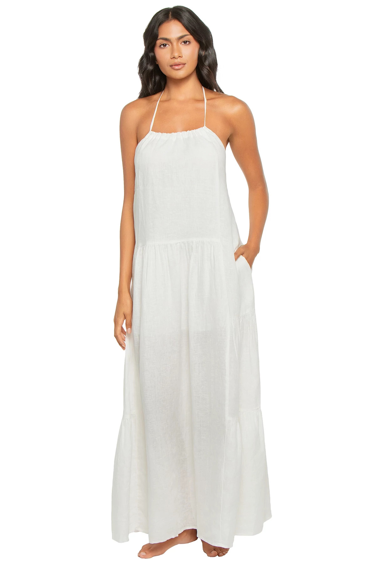 WHITE Linen Tiered Halter Maxi Dress image number 3