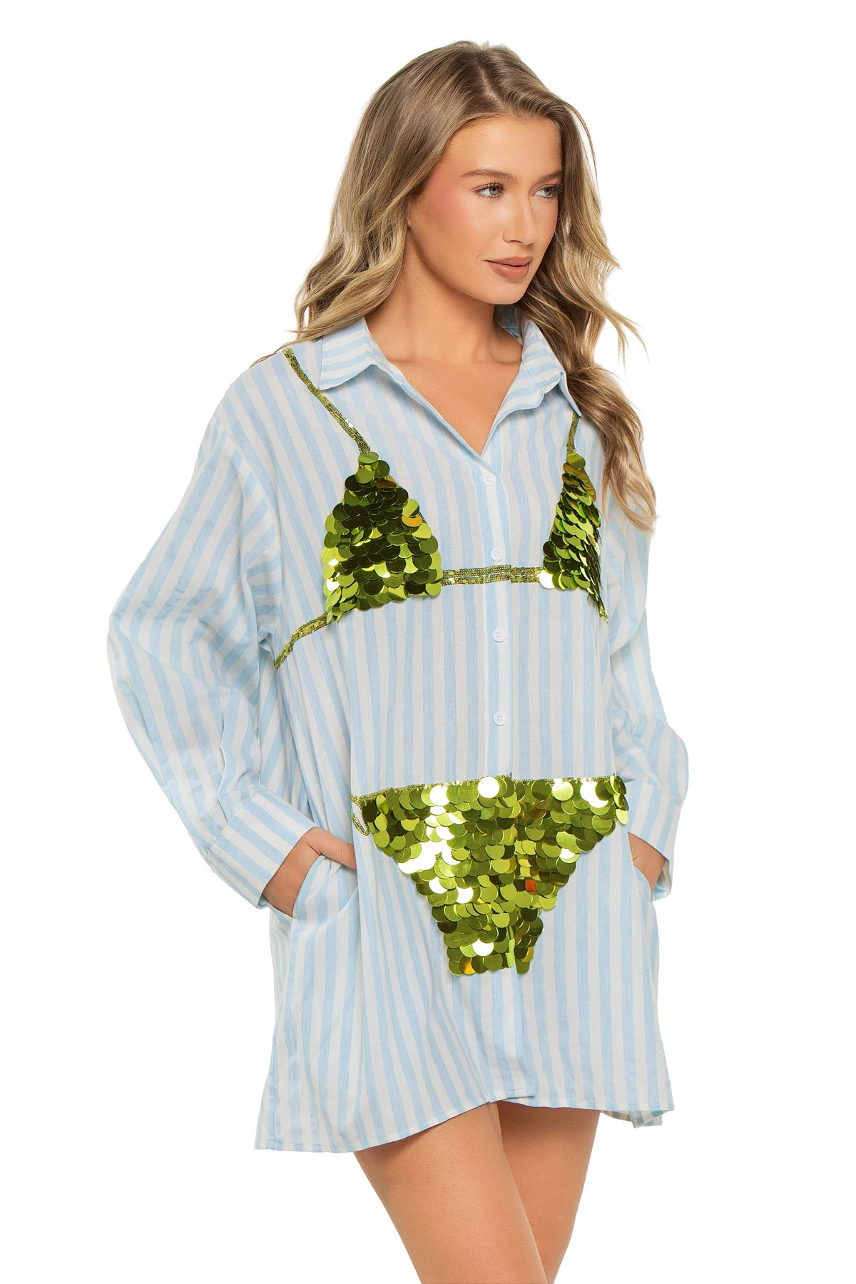 BLUE Striped Sequin Bikini Graphic Tunic image number 3