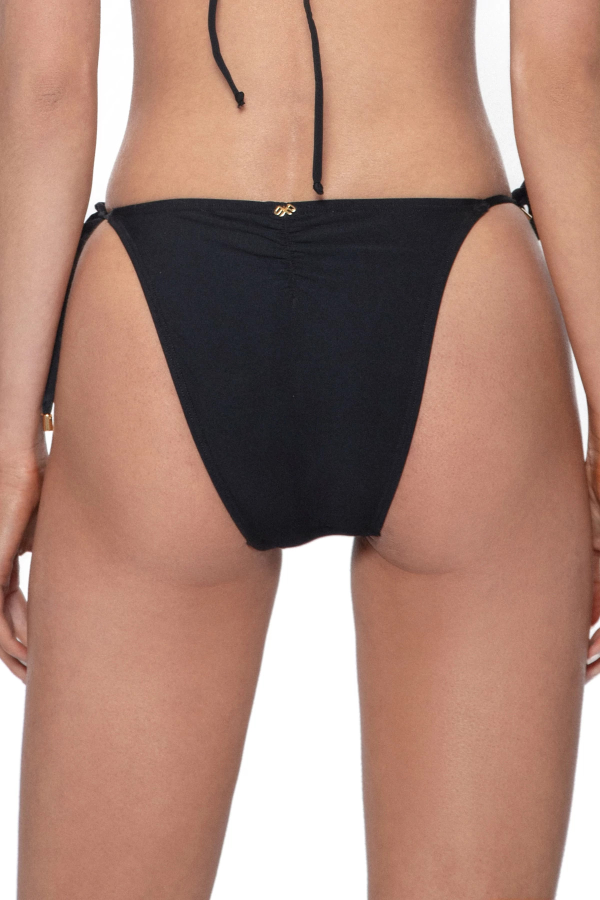 BLACK Ruched Tie Side Brazilian Bikini Bottom image number 2