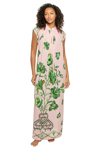 PINK FLORAL ORNATE BORDER/AQUA EMERALD PEONIES STRIPE Draped Maxi Caftan