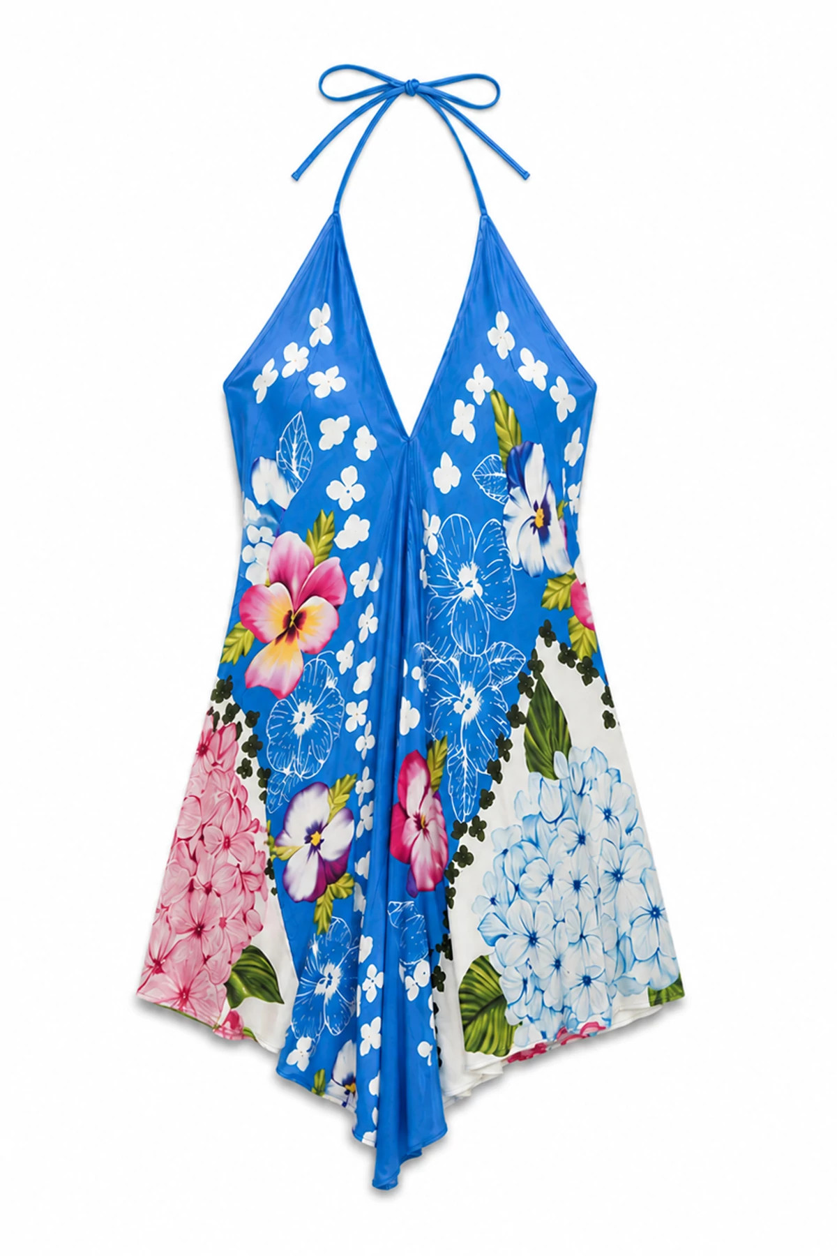 BLUE AND IVORY HYDRANGEA SCARF Handkerchief Bemberg Satin Mini Dress image number 3