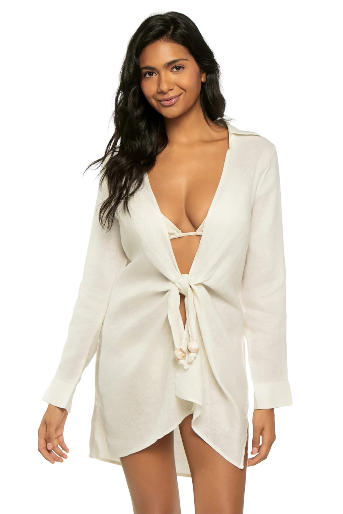 WHITE Long Sleeve Linen Shirt Dress image number 1