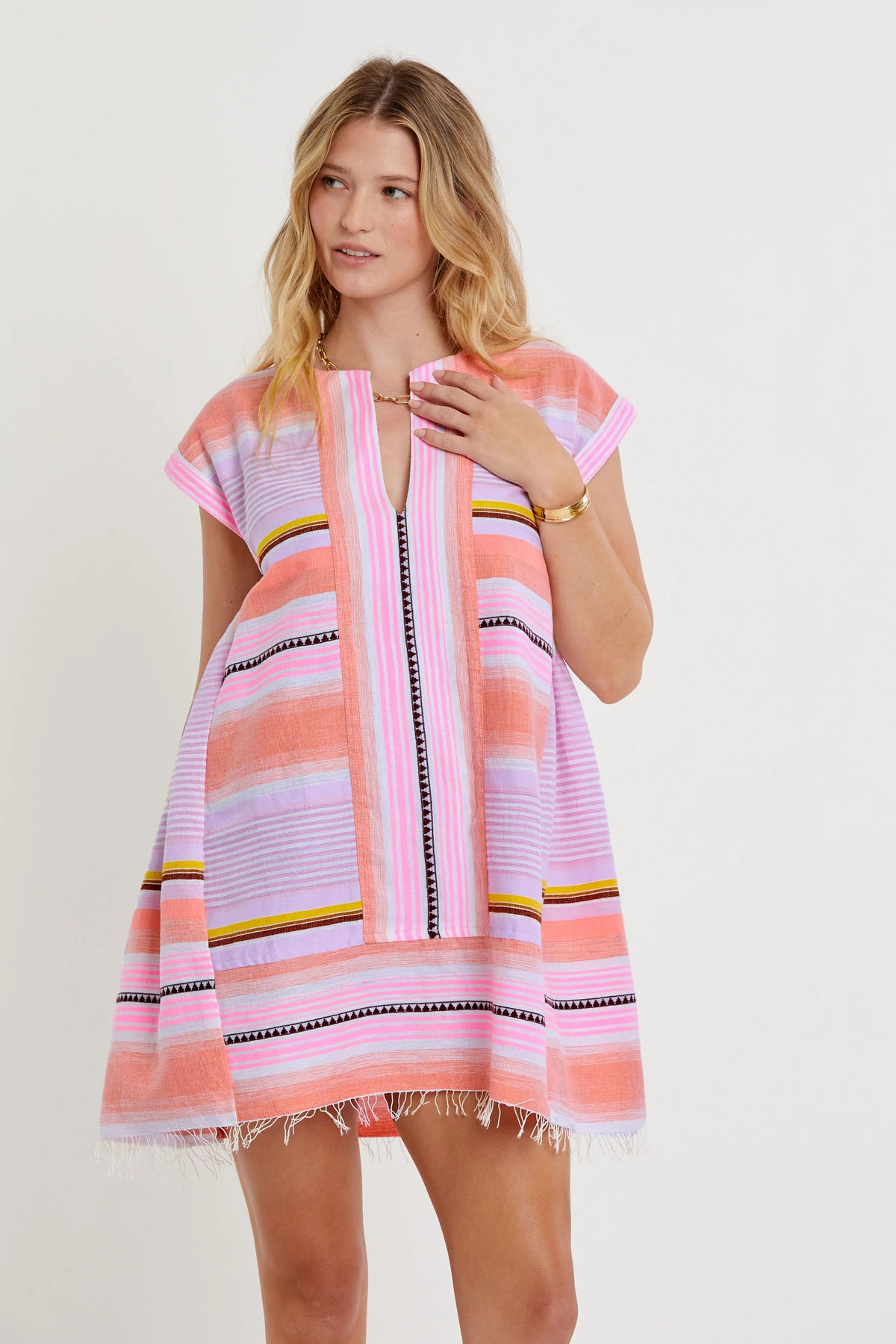 KIREMITI PINK Elina Split Neck Stripe Mini Caftan image number 4