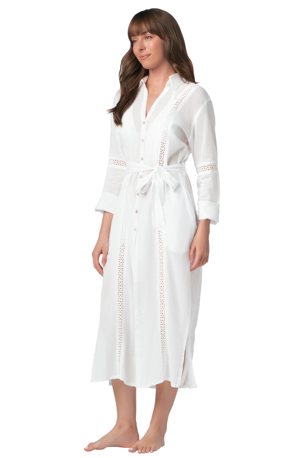 WHITE Eyelet Trim Long Cover Shirt Dress image number 3