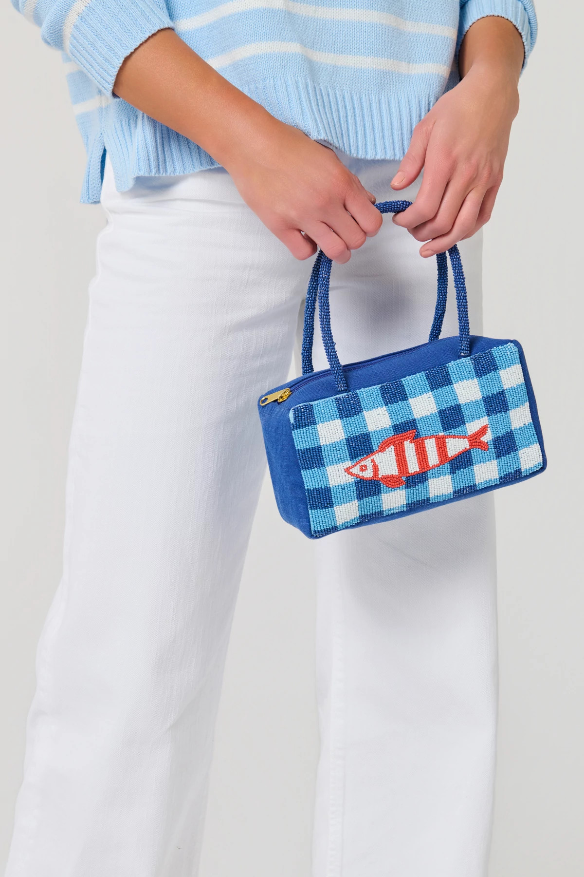 BLUE Beaded Fish Gingham Mini Tote image number 5