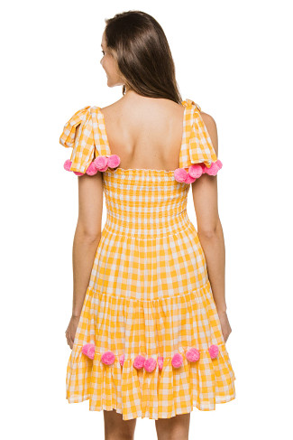 YELLOW GINGHAM & PINK POMPONS Pippa Pompons Mini Dress