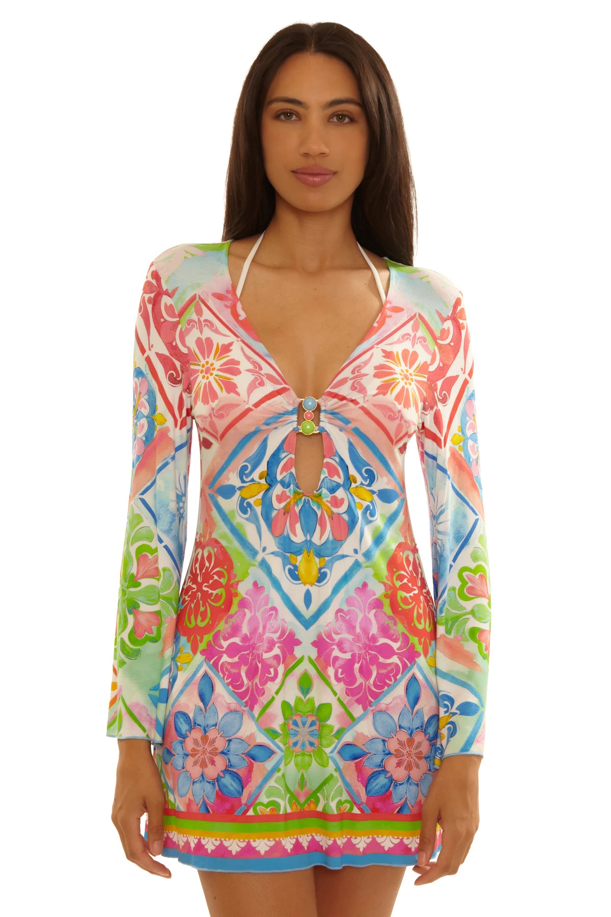 MULTI Mijas Floral Tile Print Tunic Cover Up image number 1