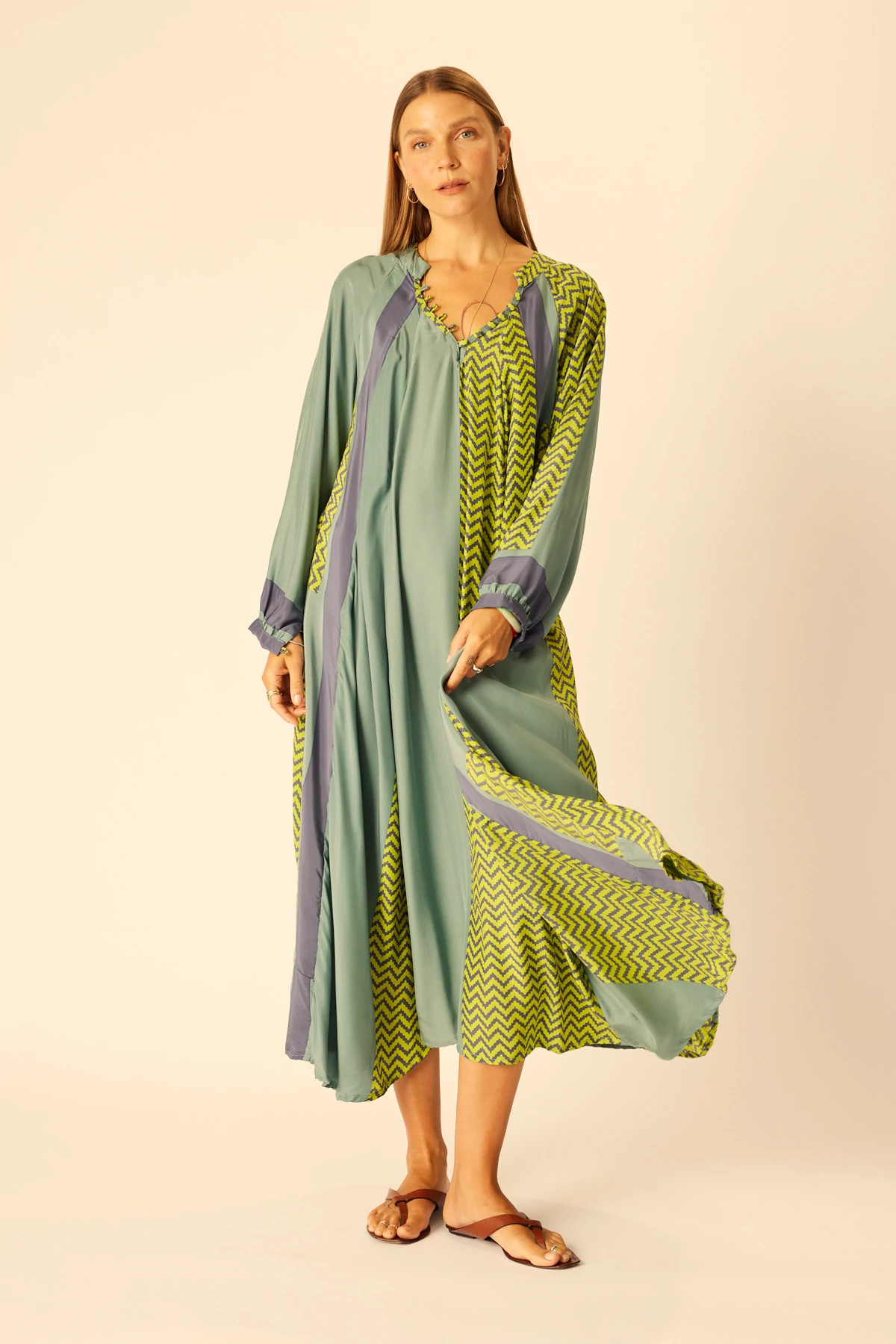 BLOCK ZIGZAG PRINT LIME Fiore Silk Maxi Dress image number 3