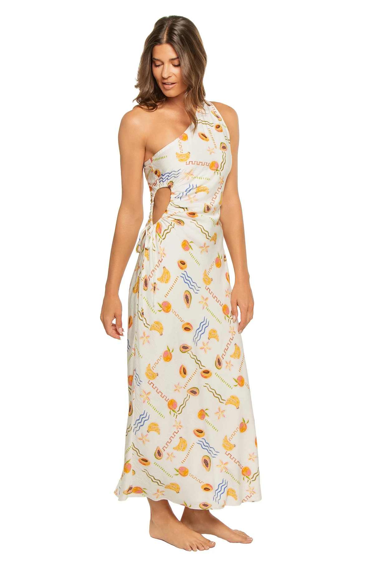 WHITE/FRUITY Carmen One Shoulder Fruit Maxi Dress image number 3