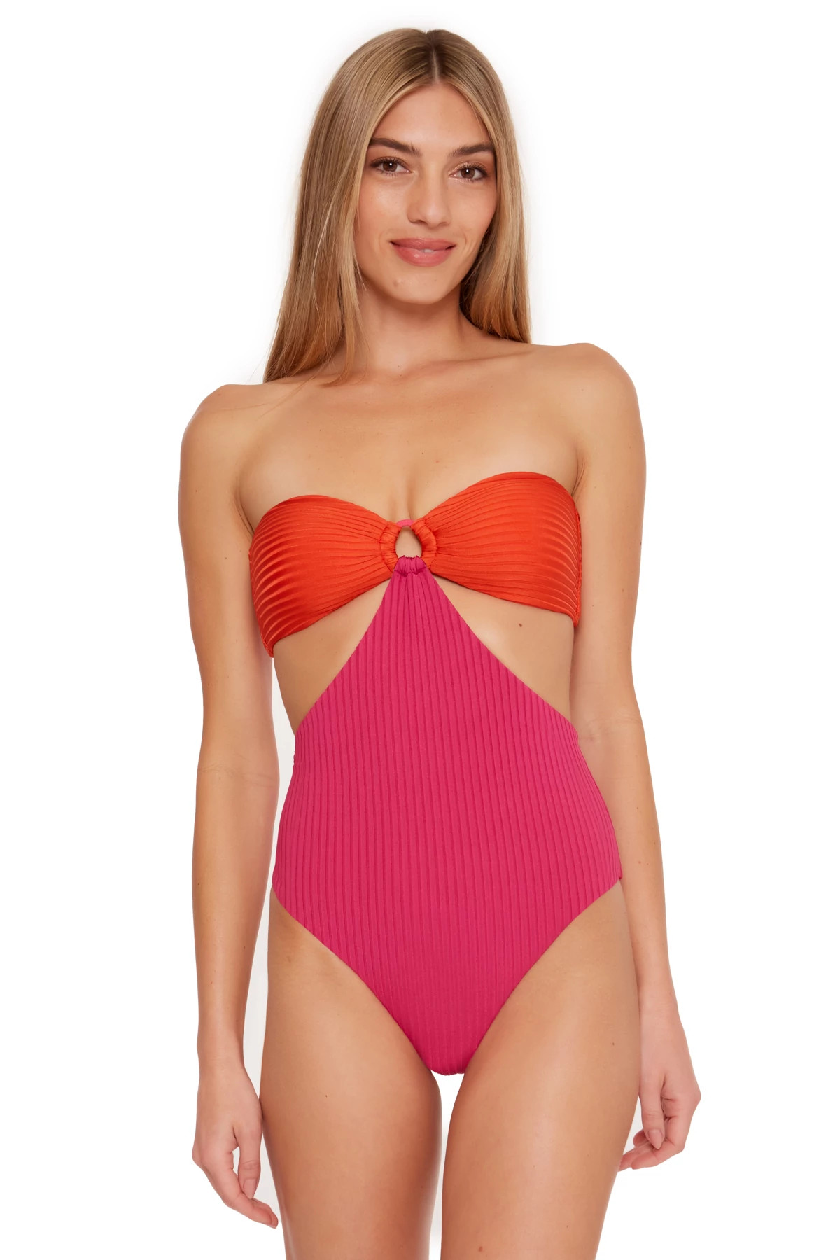 PINK PEPPERCORN Textured Bandeau Cutout One Piece Swimsuit image number 2