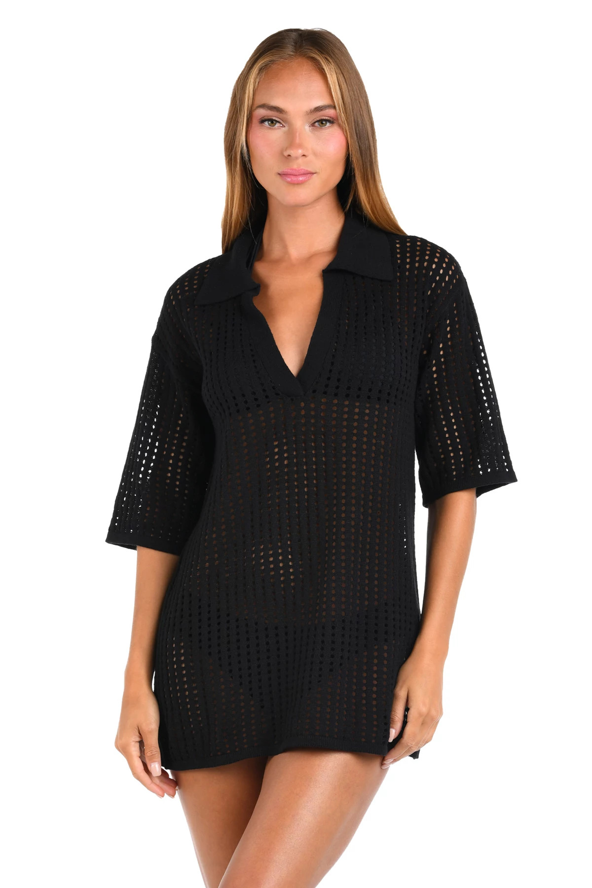 BLACK Crochet V-Neck Cover Tunic image number 1