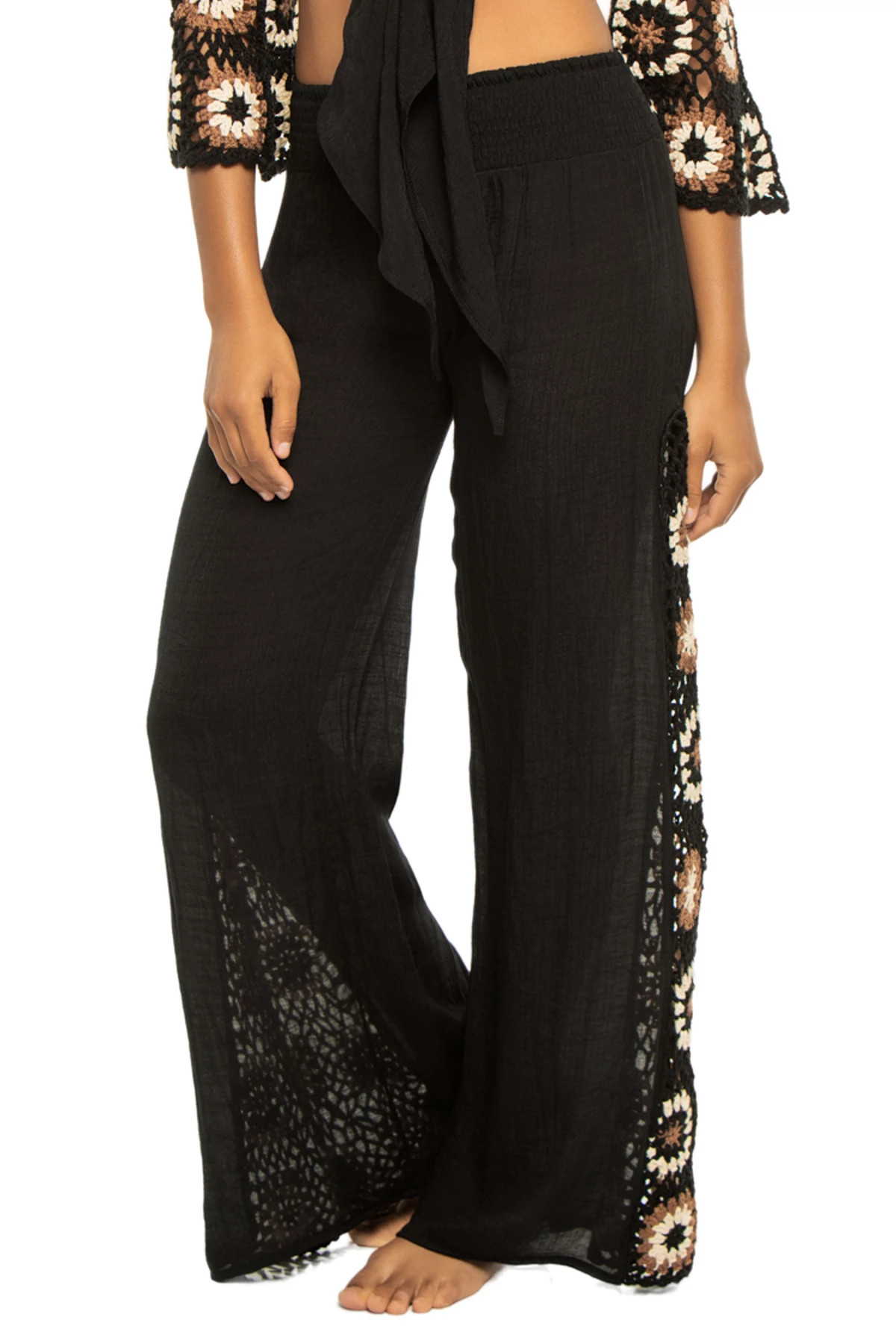 BLACK MULTI Crochet Panel Wide Leg Pants image number 1