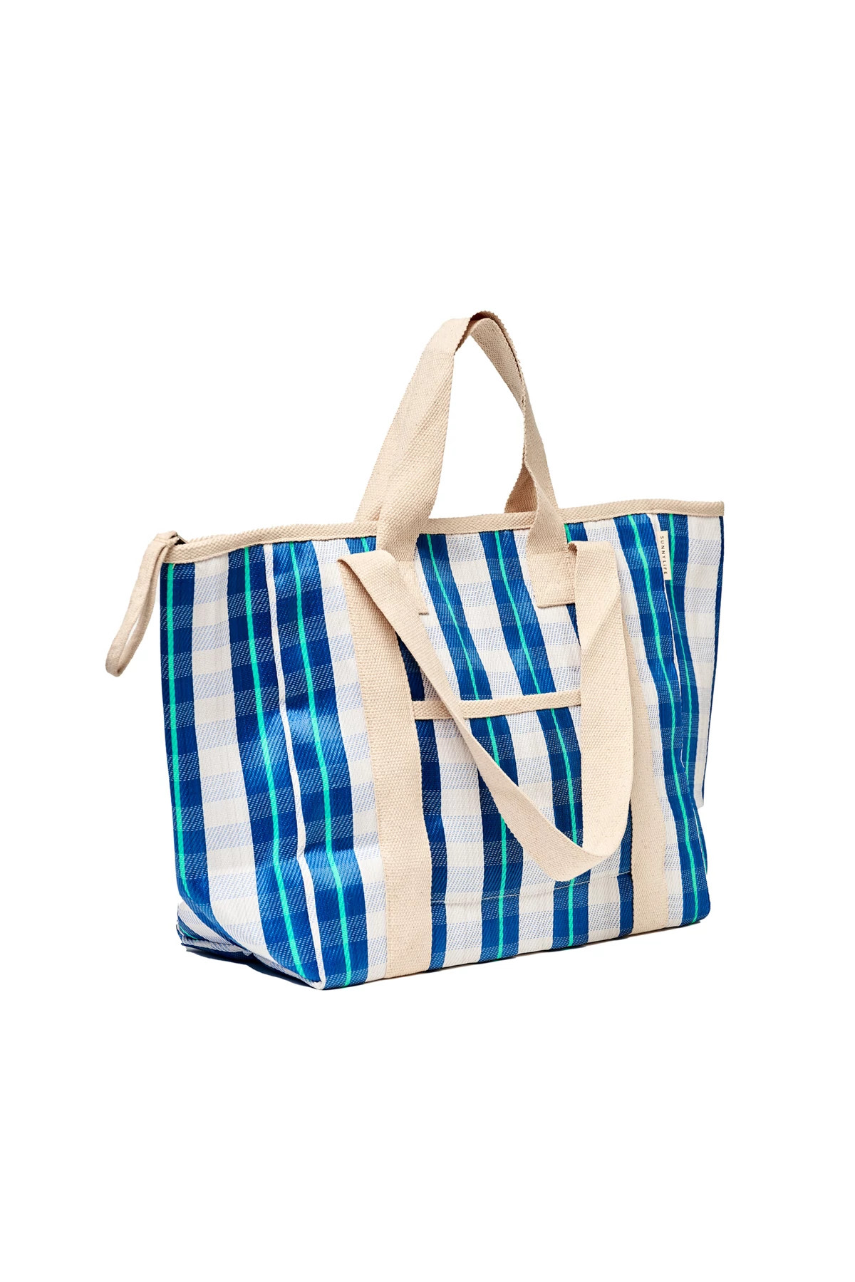 BLUE NEON Recycled Nylon Plaid Cooler Tote Bag image number 3
