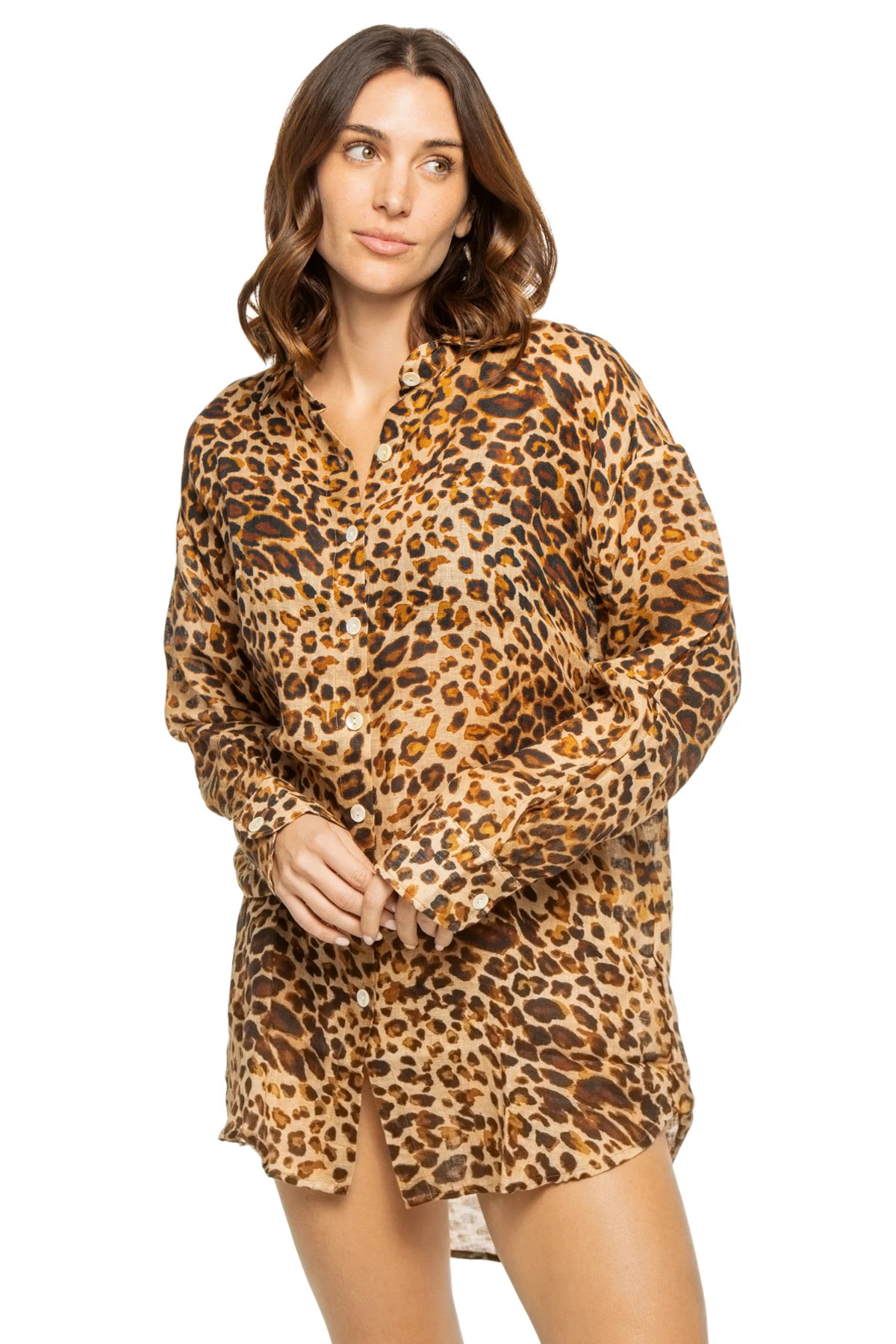 LUX LEOPARD Playa Linen Button Down Shirt Dress image number 3