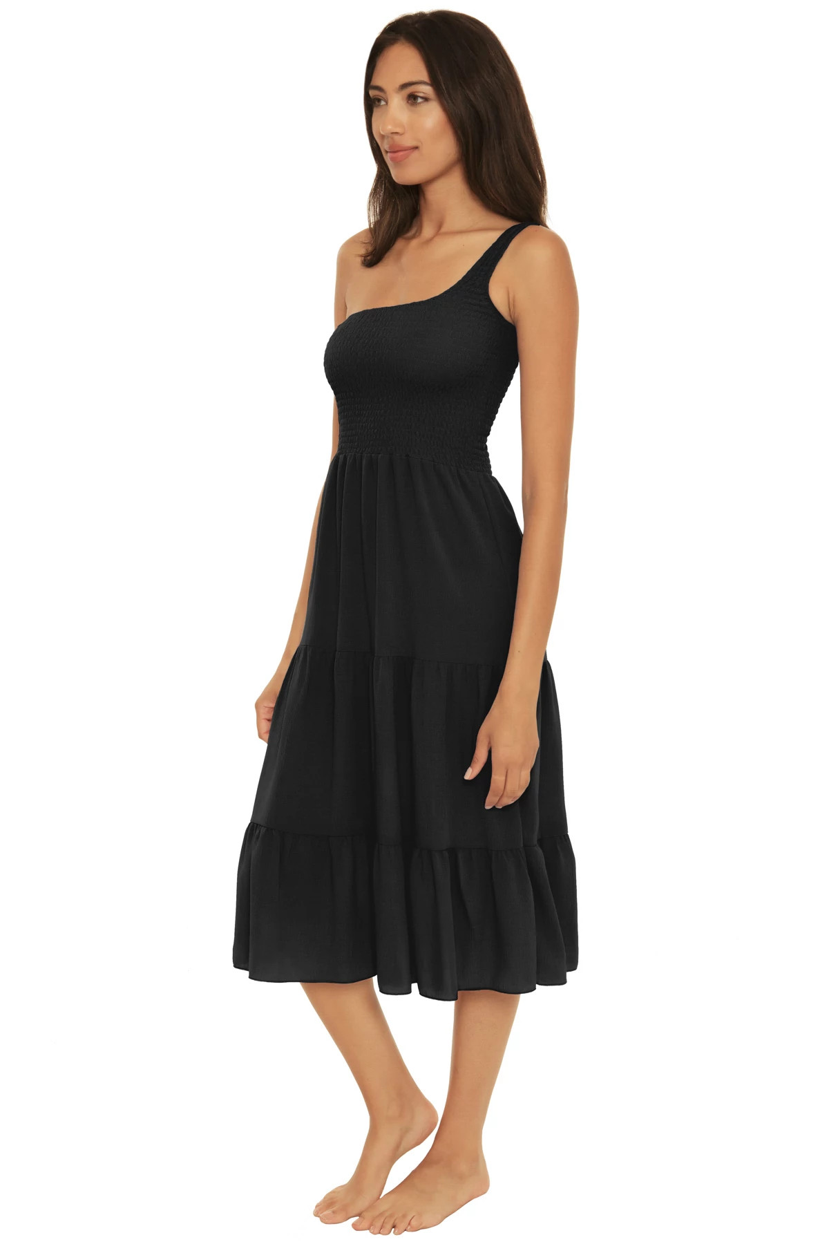 BLACK Smocked Asymmetrical Midi Dress image number 3