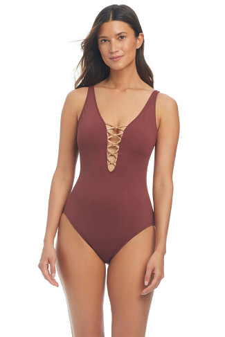 CHIPOTLE/ROSE GOLD Lace Up Plunge One Piece Swimsuit