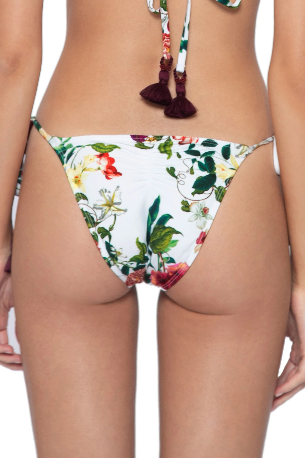 SUMMER HIBISCUS Floral Embroidered Tie Side Brazilian Bikini Bottom image number 2
