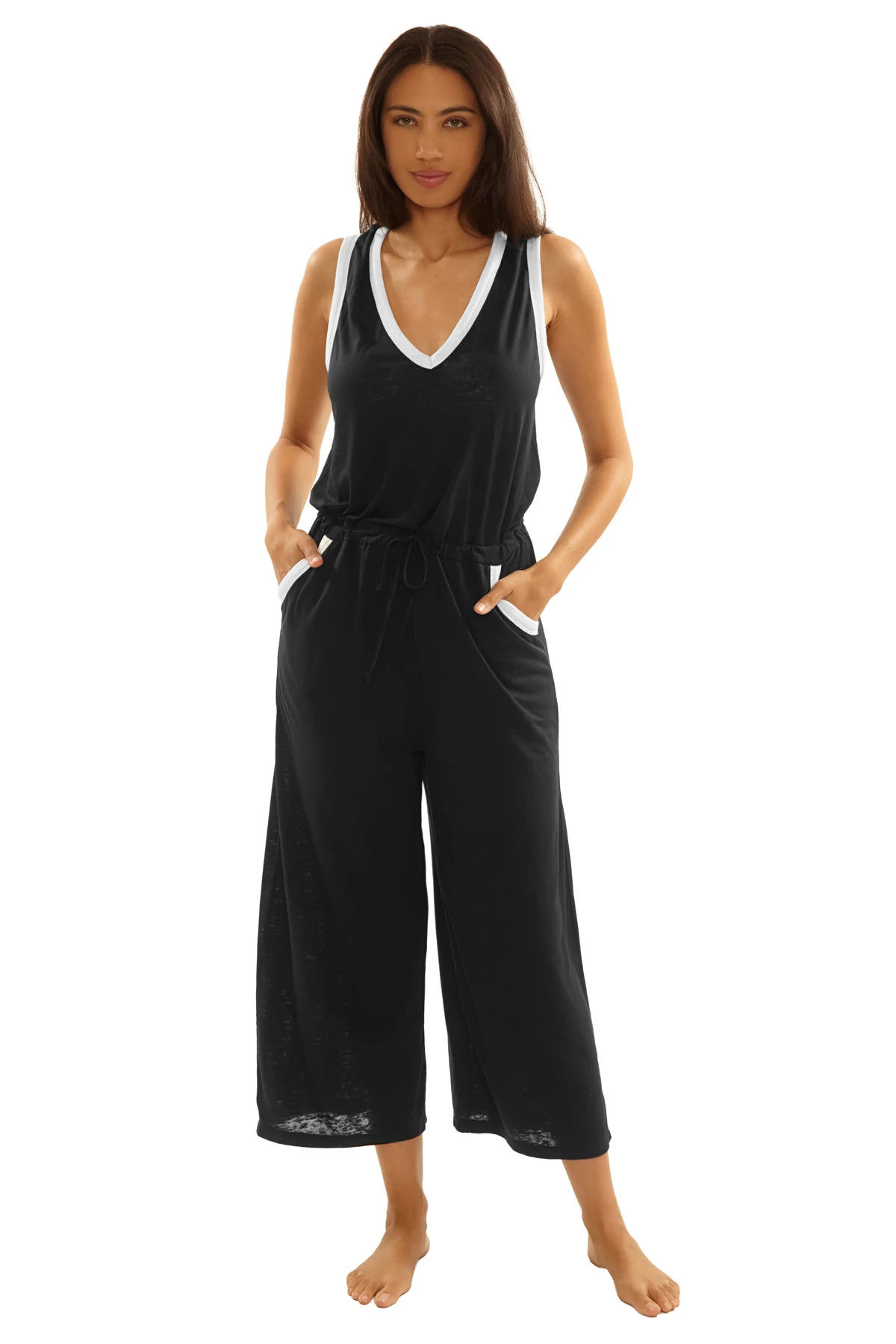 BLACK Beach Date Contrast Trim Jumpsuit image number 1