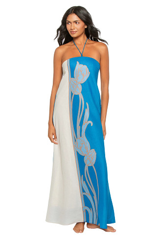 BLUE/IVORY Fleur Linen Blend Halter Maxi Dress