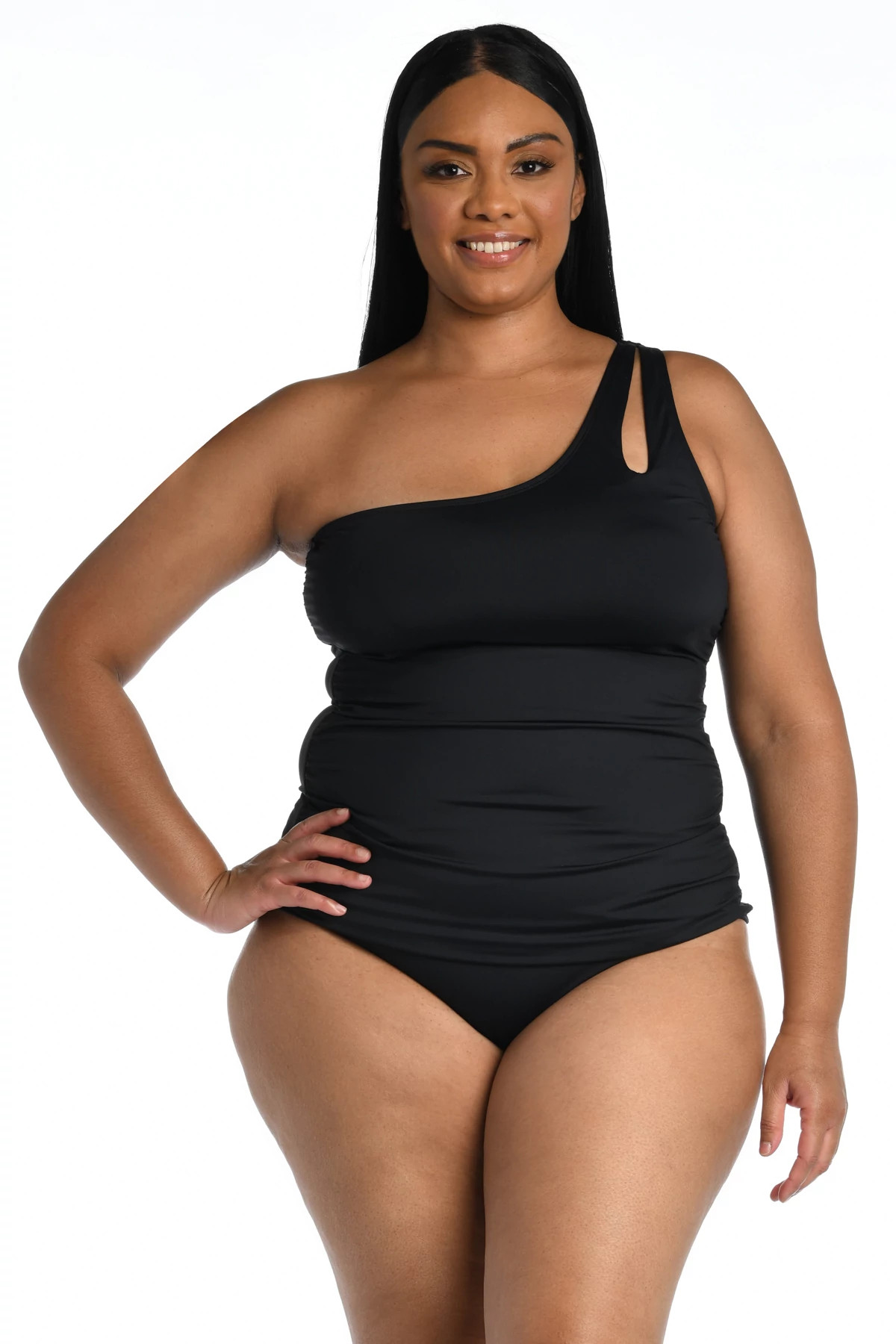 BLACK Asymmetrical Keyhole Tankini Top image number 1