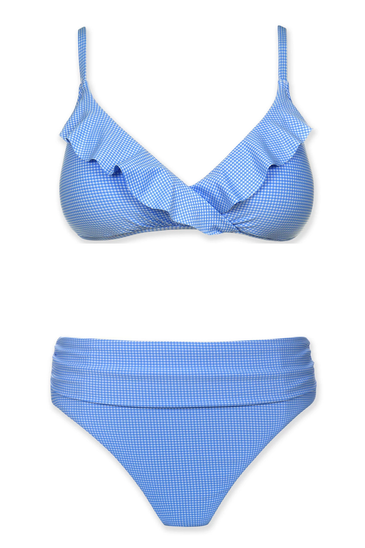 PERI BLUE GINGHAM Shirred High Waist Bikini Bottom image number 5